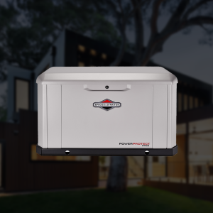 Briggs & Stratton standby generator installed beside a home for automatic backup electricity.