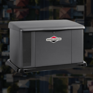 Dark gray Briggs & Stratton whole-home standby generator installed on a residential property.